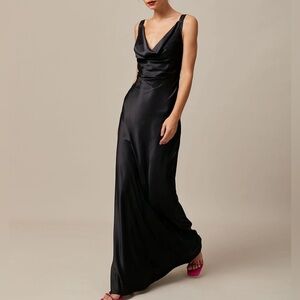 Rihoas Black Cowl Neck Sheath Satin Maxi Dress